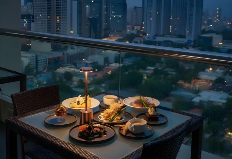 Balcony table set for dinner on a high-floor hotel terrace, lit lamp and gourmet plates on rattan table, glass railing with city skyline at dusk