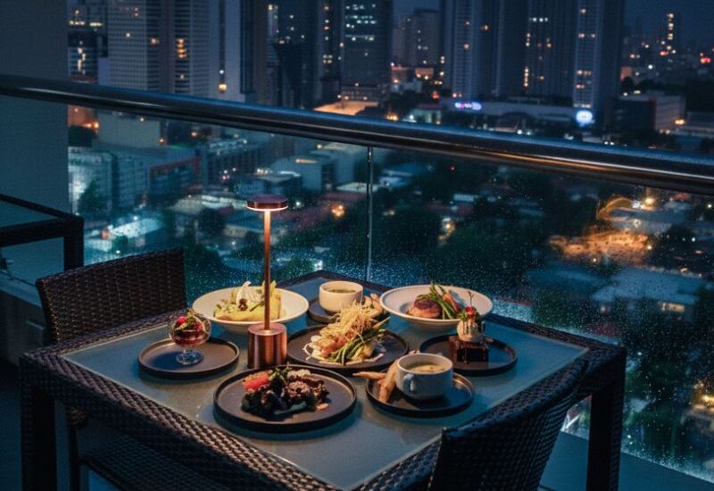 Rooftop hotel balcony table set for dinner with gourmet dishes, soft lamp glow and illuminated city skyline at night.