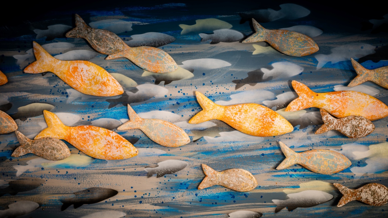 Textured orange and gray fish wall art over blue painted waves, coastal mural evoking a relaxed seaside ambiance