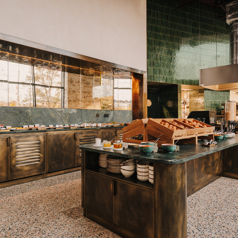 A buffet at a hotel in the center of Wrocław with bread on display