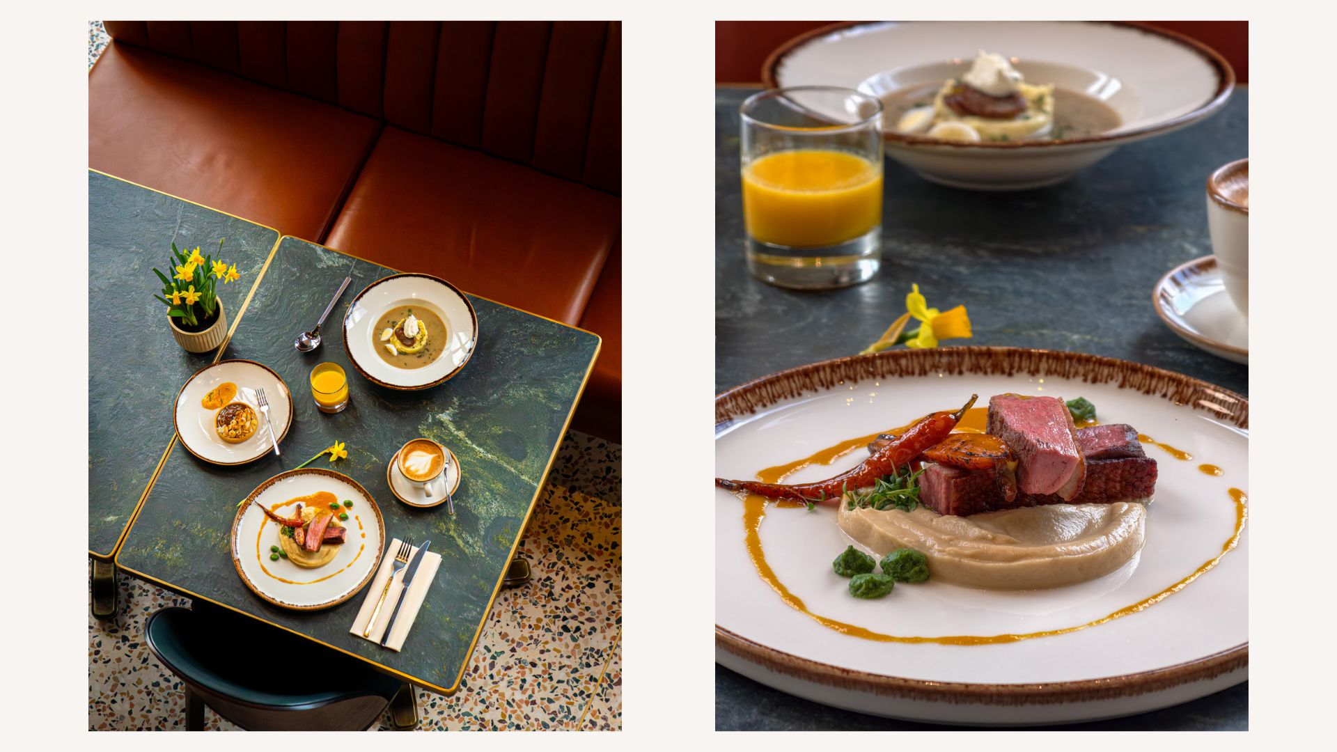 Elegante Gerichte auf einem Steintisch in einem Hotelrestaurant in Breslau, Fine Dining mit Fleisch, Gemüse und Sauce, frischer Orangensaft und Kaffee, Interieur mit gepolsterter Sitzbank und Designer-Geschirr.