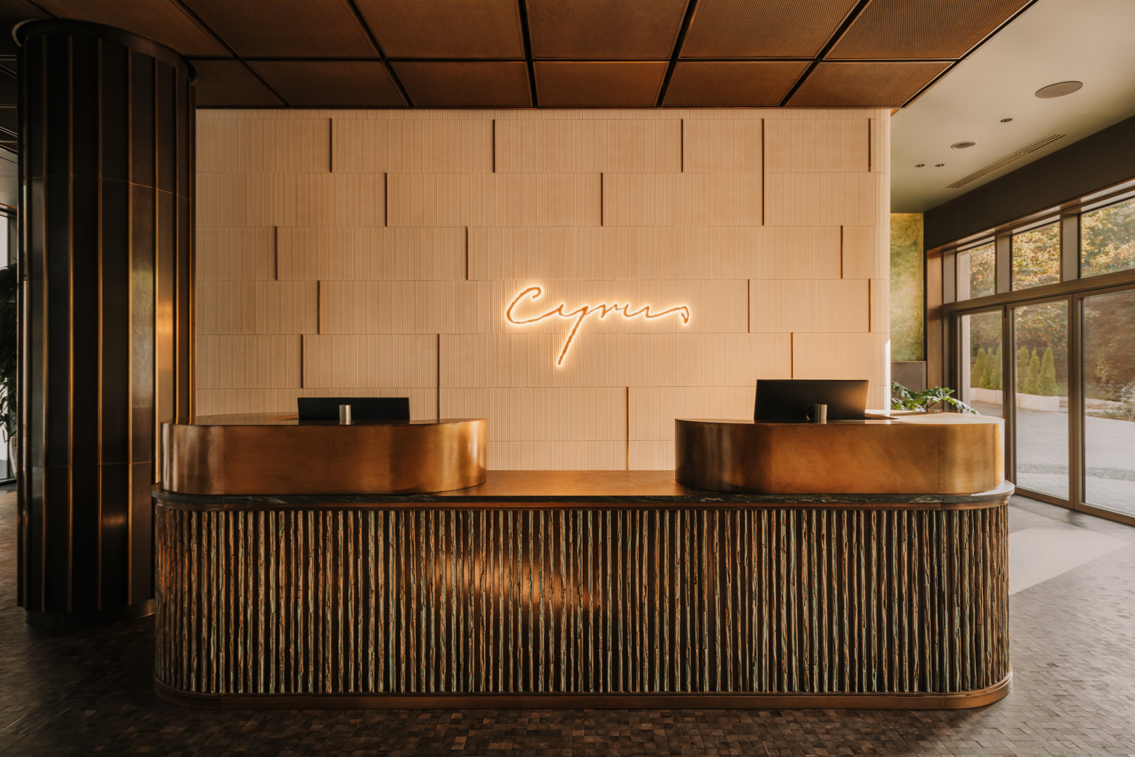 Nowoczesna recepcja hotelu Cyprus z miedzianym blatem i ścianą z paneli, przytulne światło i duże okna.