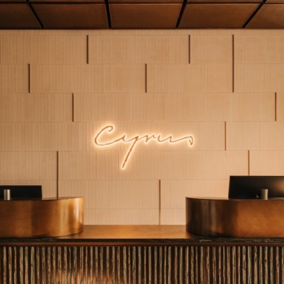 Nowoczesna recepcja hotelu Cyprus z miedzianym blatem i teksturowaną ścianą, zaprojektowana w ciepłych odcieniach