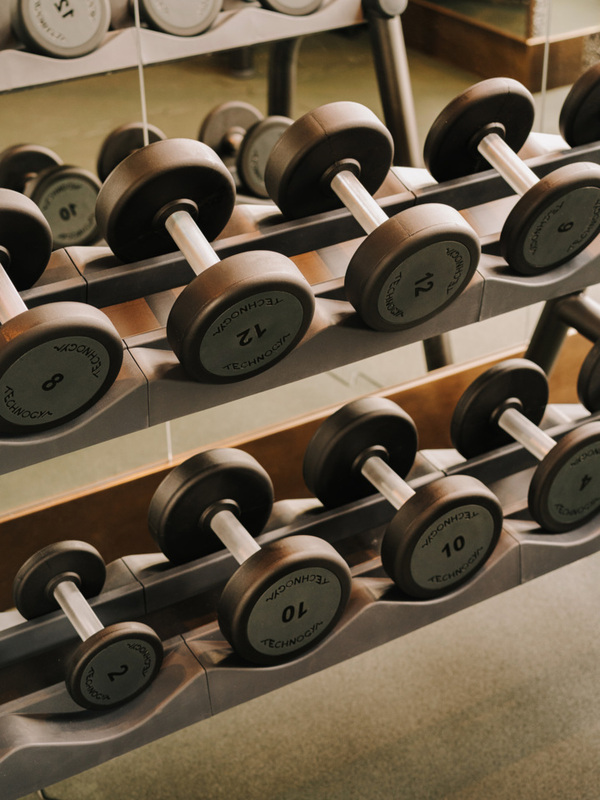 Zestaw różnorodnych hantli na stojaku w nowoczesnej siłowni hotelowej z lustrzaną ścianą