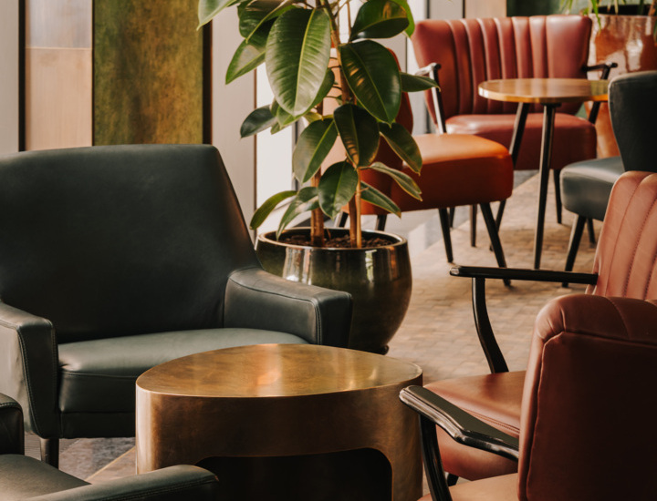 Przytulny hotelowy salon z wygodnymi skórzanymi fotelami, złotym stolikiem i dużą rośliną doniczkową.