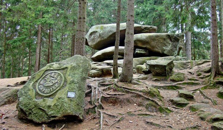 Felsformation im Wald mit großen Steinen und sichtbaren Baumwurzeln am Waldweg.
