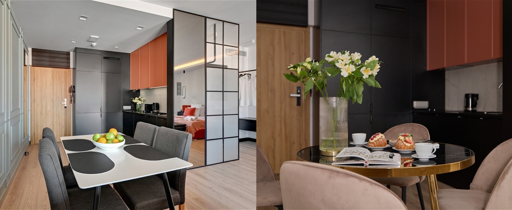 Nowoczesny apartament z aneksem kuchennym, stołem jadalnym, szklaną przegrodą do sypialni, miską owoców i ciastkami.