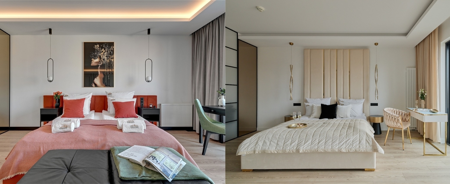 Dwie nowoczesne sypialnie: po lewej koralowe wezgłowie, lampy, biurko i przytulne łóżko; po prawej beżowy pokój z balkonem.