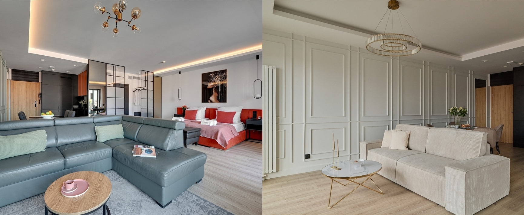 Nowoczesny apartament open-space z szarą skórzaną sofą narożną, łóżkiem king z czerwonym wezgłowiem, jadalnią, panelami ściennymi i drewnianą podłogą.