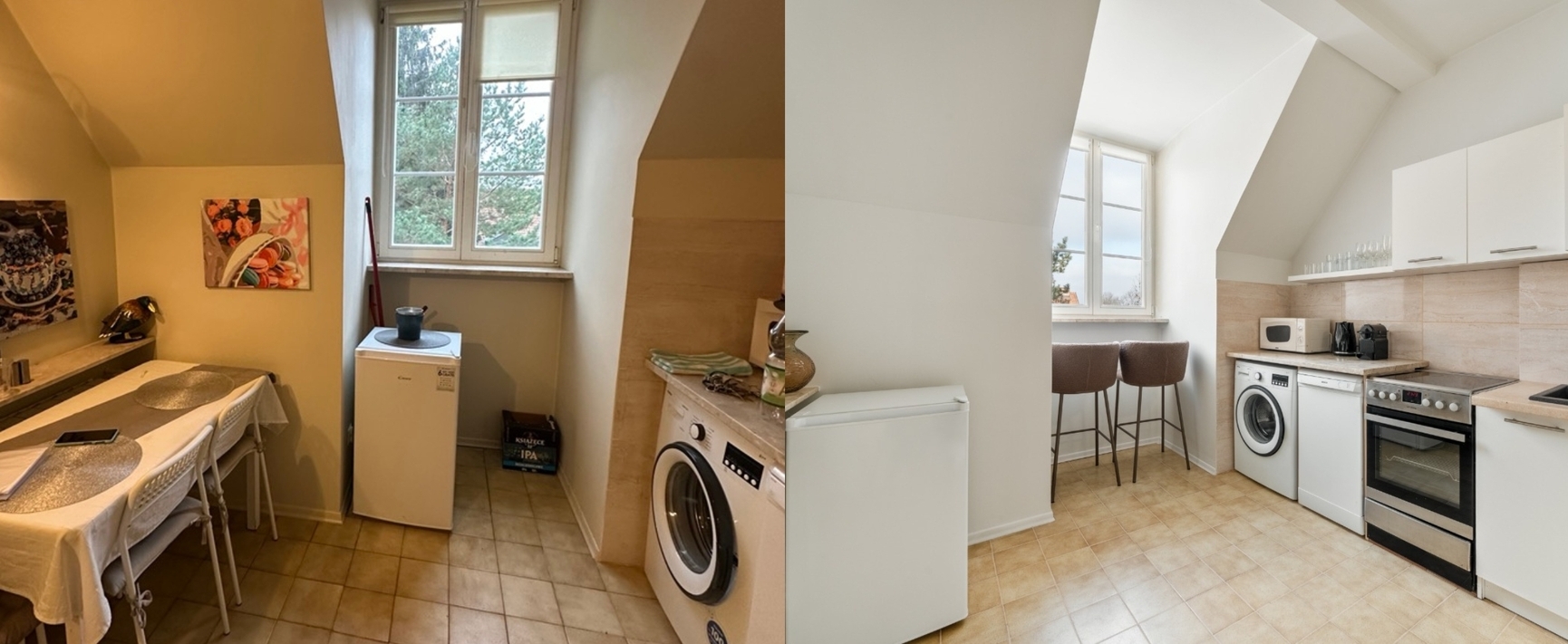 Kuchnia w poddaszu ze skośnym sufitem, oknem, stolikiem, pralką, lodówką, piekarnikiem, mikrofalą i miejscem przy barze