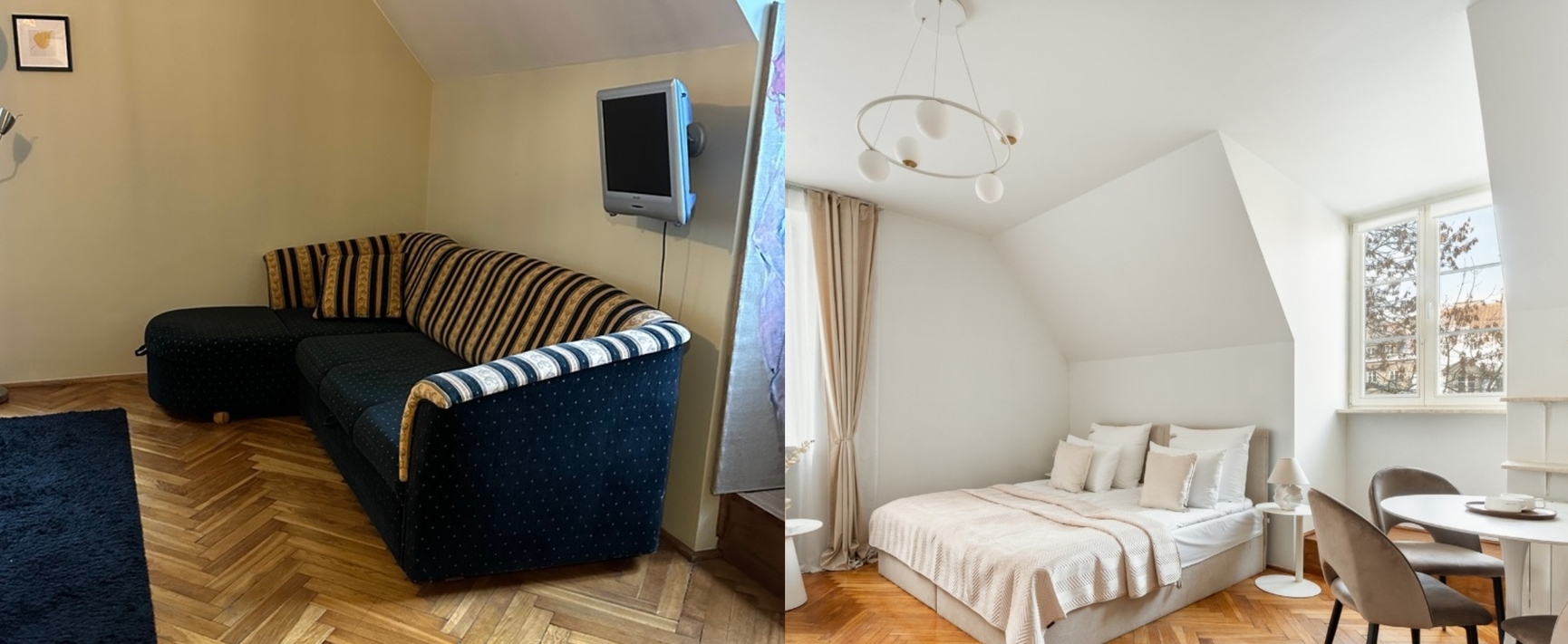 Jasny, nowoczesny pokój dwuosobowy z neutralną pościelą, stolikiem przy oknie oraz przytulnym salonem z pasiastą sofą i telewizorem