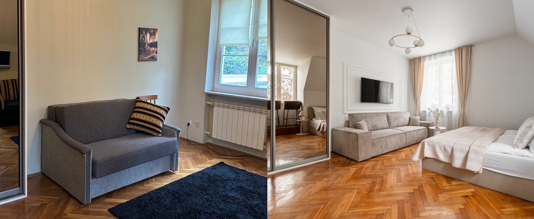 Przestronny apartament z parkietem w jodełkę, lustrzaną szafą, telewizorem na ścianie, beżową sofą i łóżkiem przy nasłonecznionym oknie.