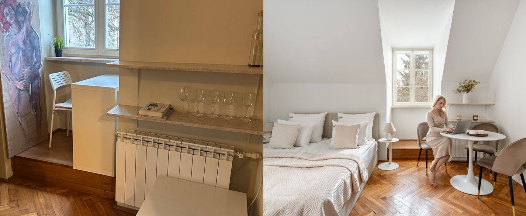 Jasny butikowy pokój dwuosobowy z neutralną pościelą, drewnianą podłogą, oknem i stolikiem; gość pracuje na laptopie z kawą.