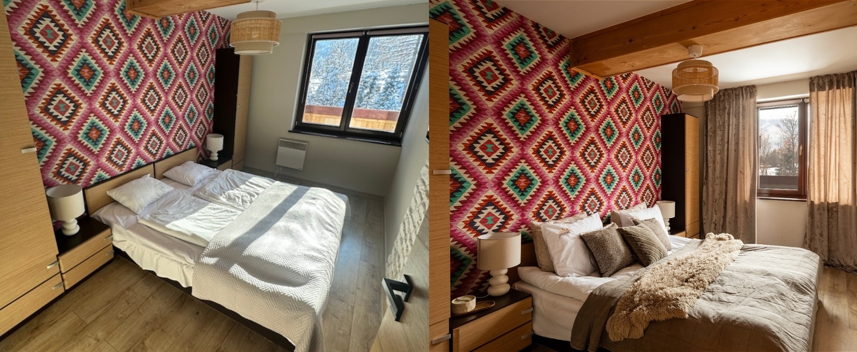 Przytulny pokój dwuosobowy z kolorową geometryczną ścianą, drewnianą belką, szafkami nocnymi, TV i oknem na zaśnieżone góry.