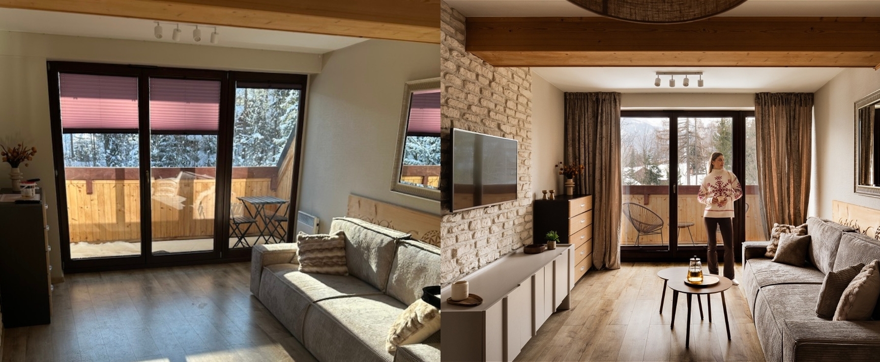 Przytulny salon w górskim apartamencie z przeszklonymi drzwiami na drewniany balkon, widok na zaśnieżony las, kanapa i telewizor, gość podziwia widok