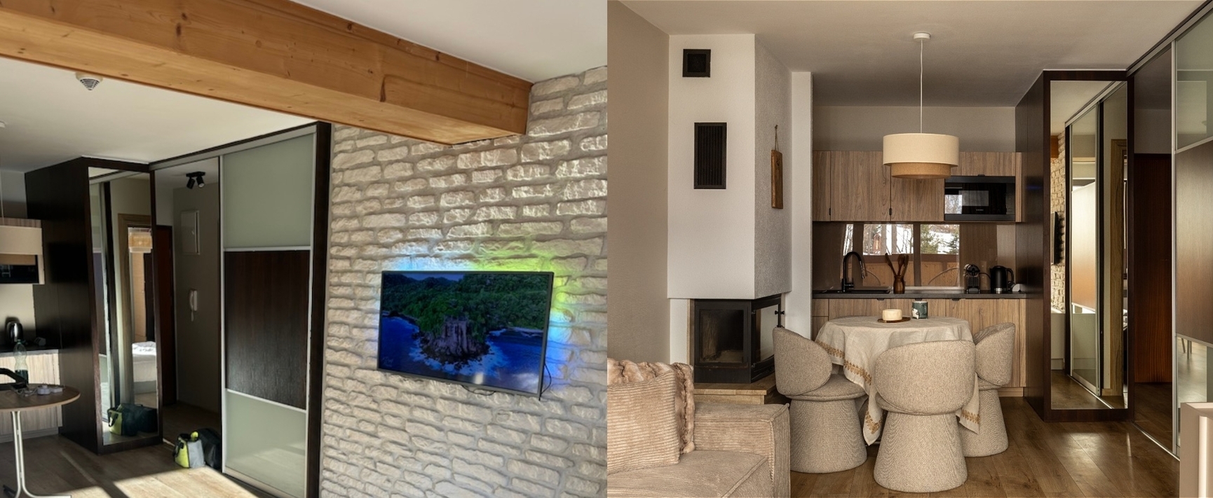 Przytulne studio z kamienną ścianą i podświetlonym telewizorem, drewnianą belką, kominkiem, okrągłym stołem z tapicerowanymi krzesłami, aneksem kuchennym i lustrzaną szafą