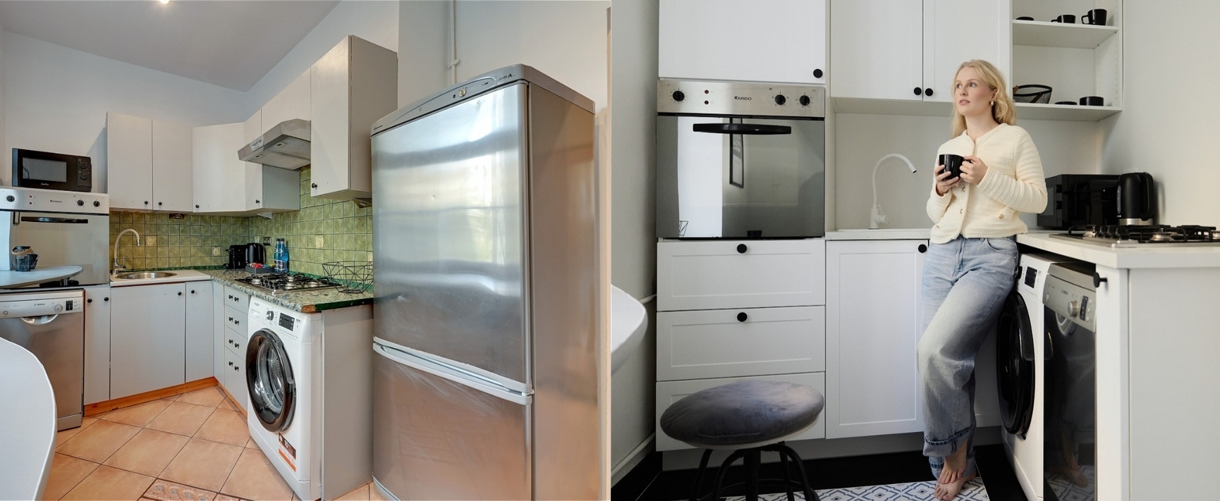 Kompaktowa kuchnia hotelowa ze stalową lodówką, pralką, kuchenką gazową i piekarnikiem; gość z kawą przy blacie