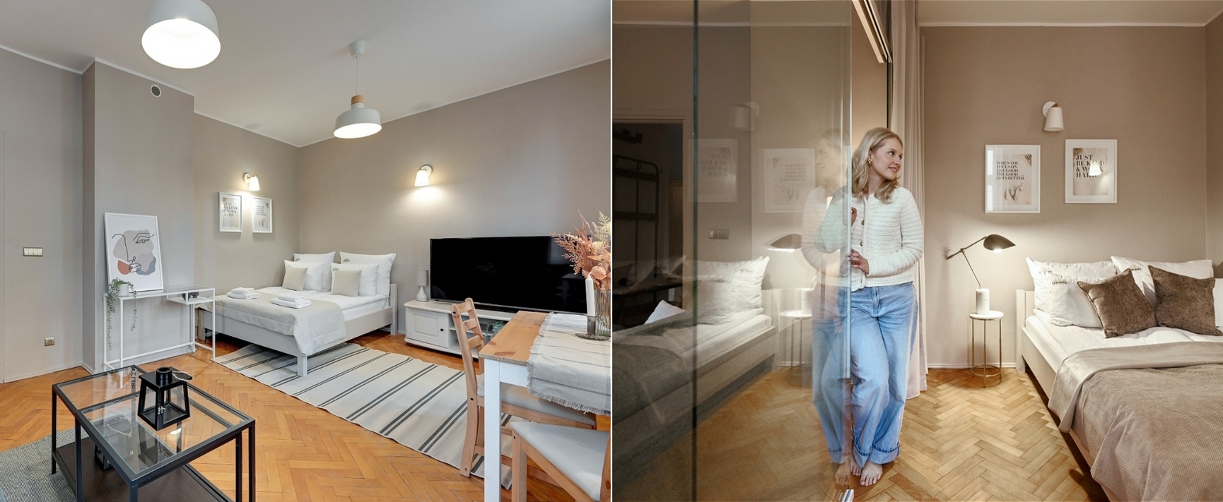 Jasne studio z częścią wypoczynkową, TV, biurkiem, łóżkiem podwójnym i pojedynczym, parkietem i ciepłym oświetleniem; gość przy szklanych drzwiach