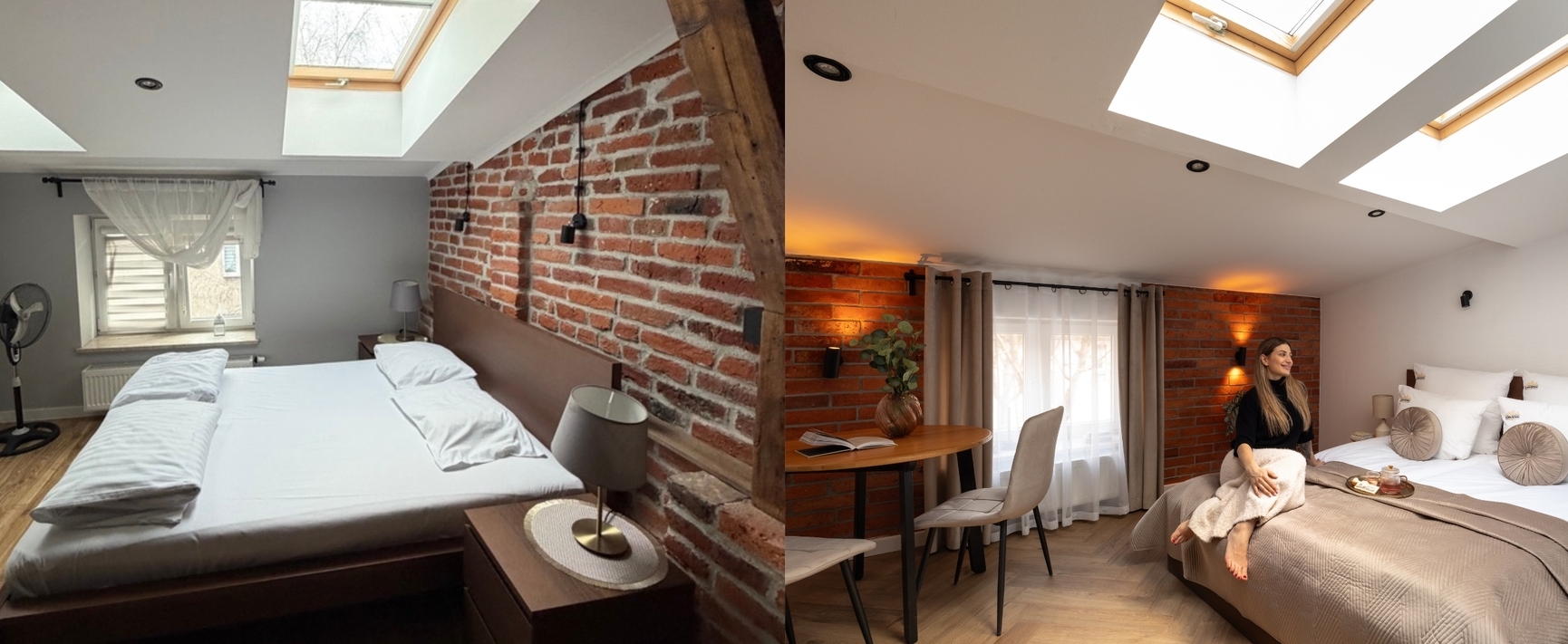 Poddasze: pokój dwuosobowy z odsłoniętą ceglaną ścianą, świetlikami i drewnianą podłogą; kobieta na łóżku z kocem i tacą z herbatą.