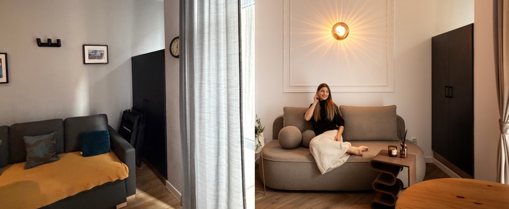 Jasny apartament z przytulną, zaokrągloną sofą; gość odpoczywa pod ciepłym kinkietem, stolik, szafa i zasłony