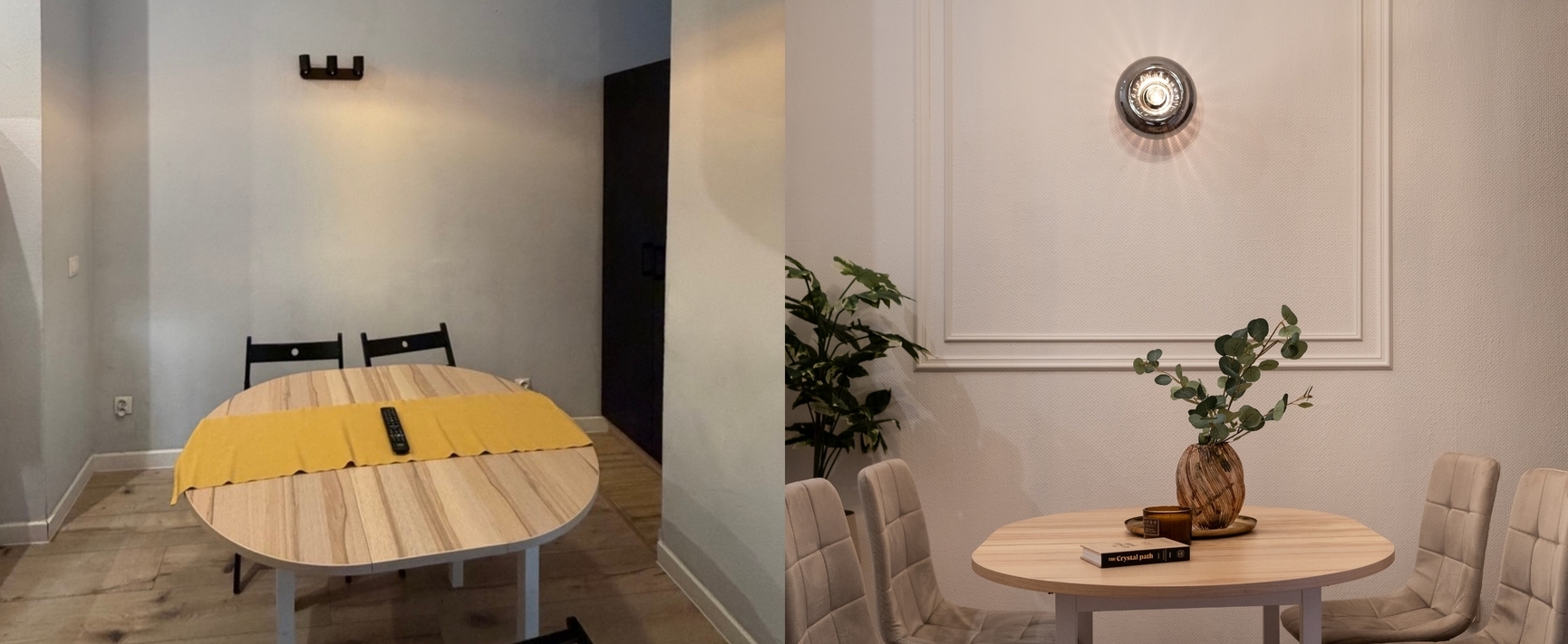 Podzielone jadalnie — po lewej prosty drewniany stół z żółtym bieżnikiem i czarnymi krzesłami; po prawej elegancki stół z wazą, rośliną i tapicerowanymi krzesłami.