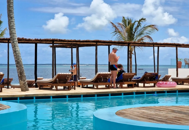 Oceanfront pool with curved blue edge, wooden lounge chairs, palm trees, and guests relaxing by the sea under a wooden pergola