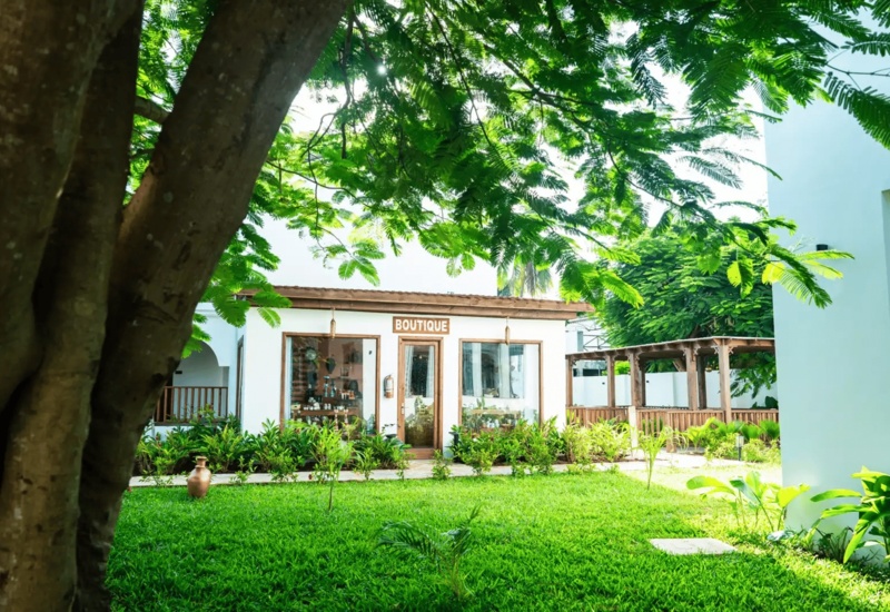 Boutique shop with wooden details surrounded by lush greenery and trees in a tranquil hotel garden courtyard