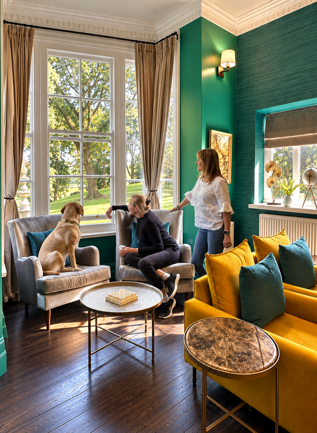 Sunlit hotel lounge with teal walls and yellow armchairs by window overlooking park; two guests and a dog.