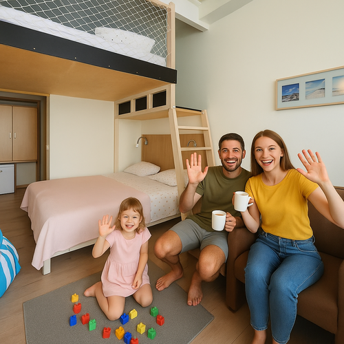 Bright family hotel room with a bunk bed and a double bed, parents with mugs on the sofa, daughter playing with blocks.