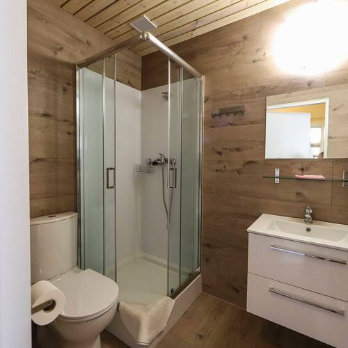 Modern bathroom with wooden panels, a corner shower enclosure with glass doors, a sink, mirror and toilet.