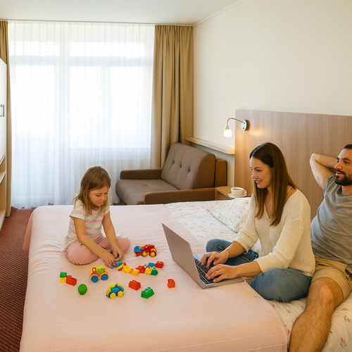 Family hotel room: large bed, sofa, lamps; mom working on a laptop, dad relaxing, daughter playing with toys.