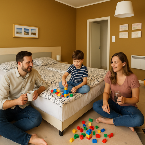 A family moment in a hotel room: parents and child playing with blocks on the bed, a large bed, bedside lamp, laptop and drinks.