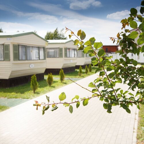 Cozy holiday caravan park with beige trailers in a row, a paved path and well-kept green shrubs