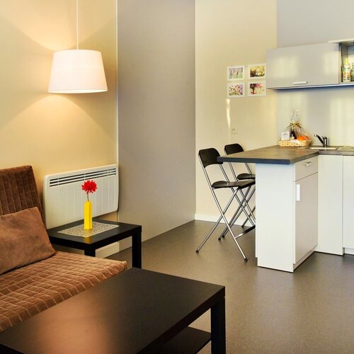 Intimate studio with a kitchenette, a bar with two stools, a brown sofa and a table with a red flower