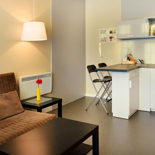 Cozy studio with a kitchenette, a bar with two stools, a sofa, a hanging lamp and a small table with a red decoration.