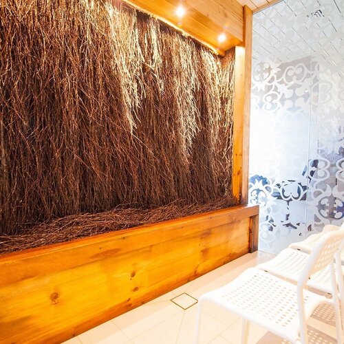Spa interior: a graduation wall made of dense branches in a wooden frame, a row of white chairs and a decorative glass partition