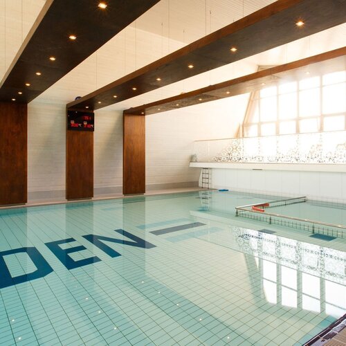 Indoor hotel pool with large windows, wooden beams, a decorative glass balustrade and metal steps.