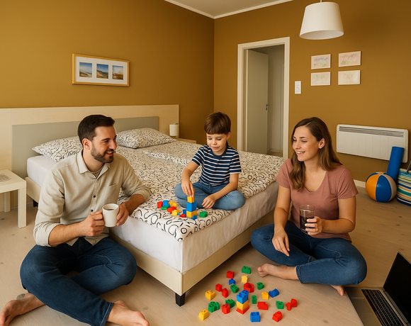 Rodzinna chwila w pokoju hotelowym: rodzice i dziecko bawią się klockami na łóżku, duże łóżko, lampka nocna, laptop i napoje.