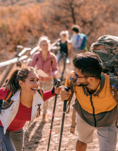 Group of friends hiking in the mountains