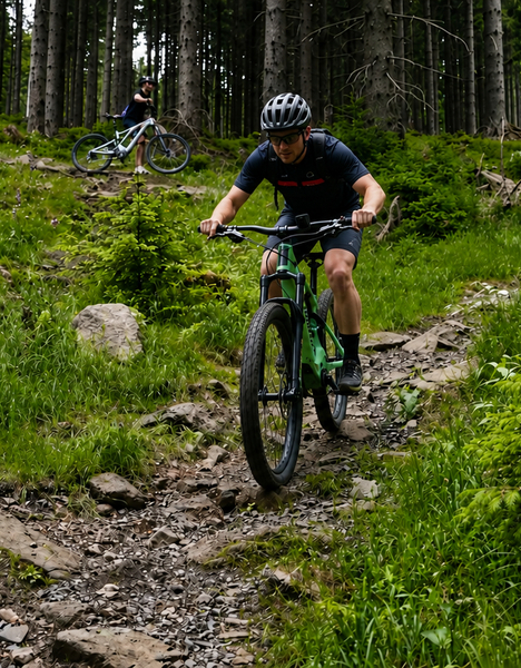 Grupa rowerzystów górskich zjeżdża kamienistą ścieżką przez gęsty las iglasty — outdoorowa trasa dla aktywnych gości