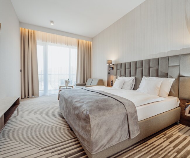 Double bed in the hotel room