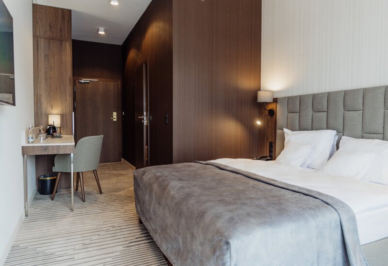 Double bed in the hotel room