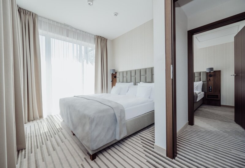 Double bed in the hotel room