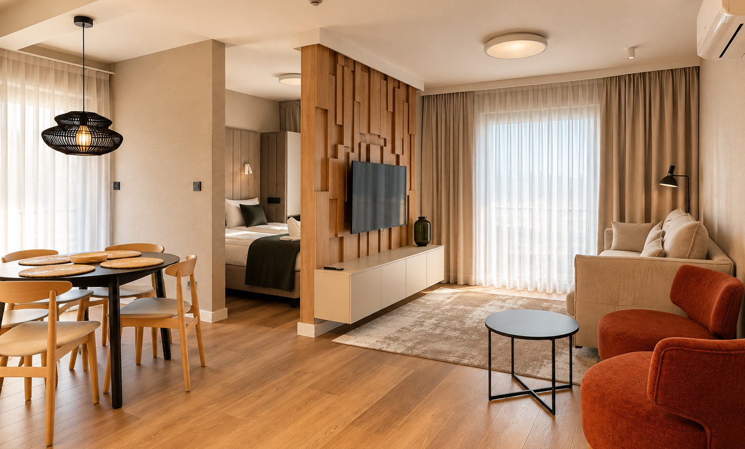 Nowoczesny apartament Gościniec Warmiński Pluski z przestronnym salonem, jadalnią i sypialnią blisko jeziora i lasów.