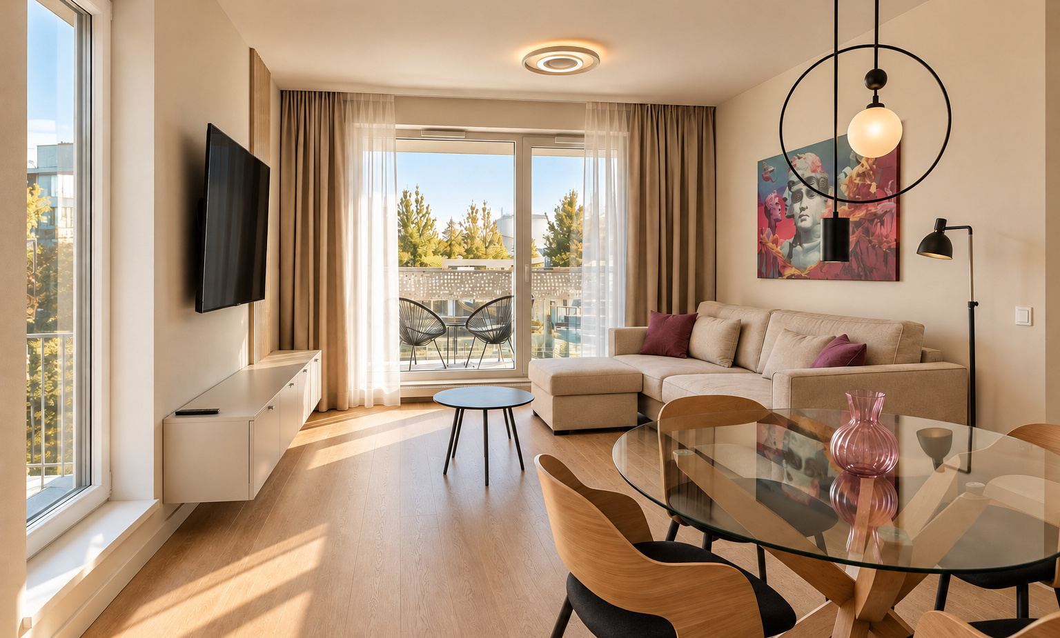Nowoczesny apartament Centaurus Elite4Rent w centrum Olsztyna z przestronnym salonem, jadalnią i balkonem.