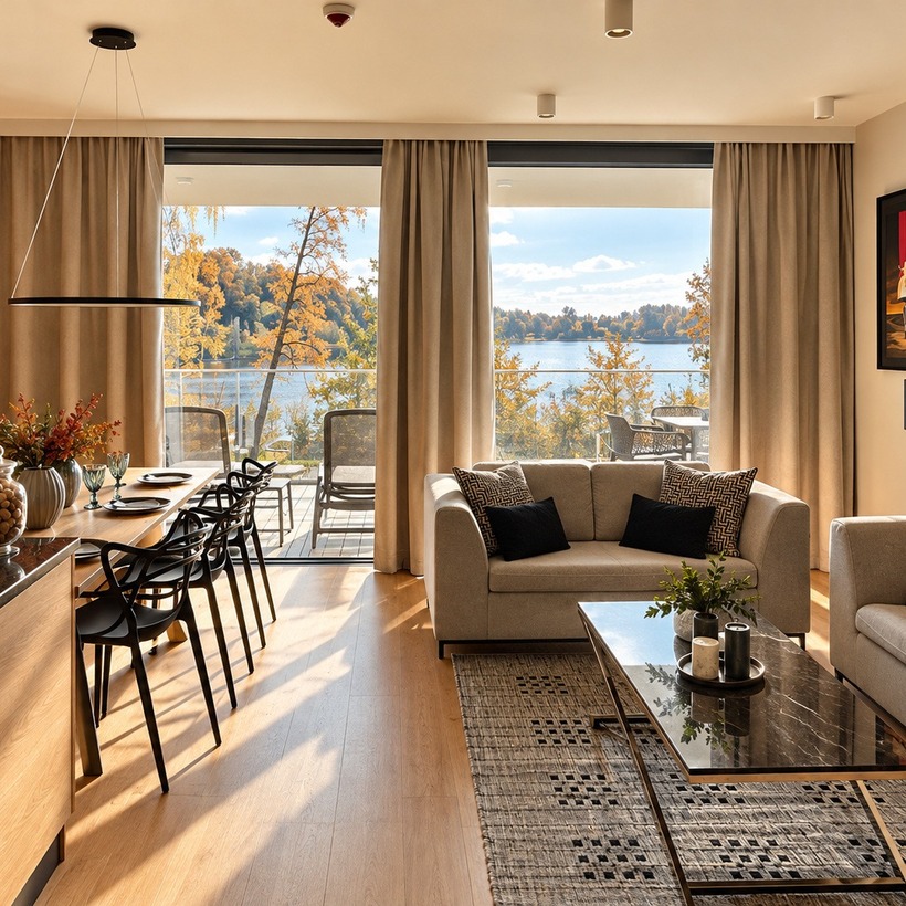 Jasny apartament Elite4Rent z salonem i jadalnią oraz widokiem na jezioro Ukiel w Olsztynie.