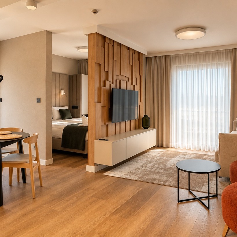 Nowoczesny apartament Gościniec Warmiński Pluski z przestronnym salonem, jadalnią i sypialnią blisko jeziora i lasów.