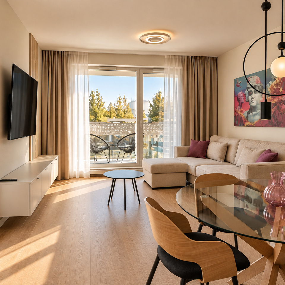Nowoczesny apartament Centaurus Elite4Rent w centrum Olsztyna z przestronnym salonem, jadalnią i balkonem.