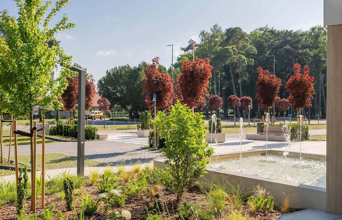 Zagospodarowany dziedziniec hotelowy z tryskającą fontanną, ławkami, donicami i widokiem na las.