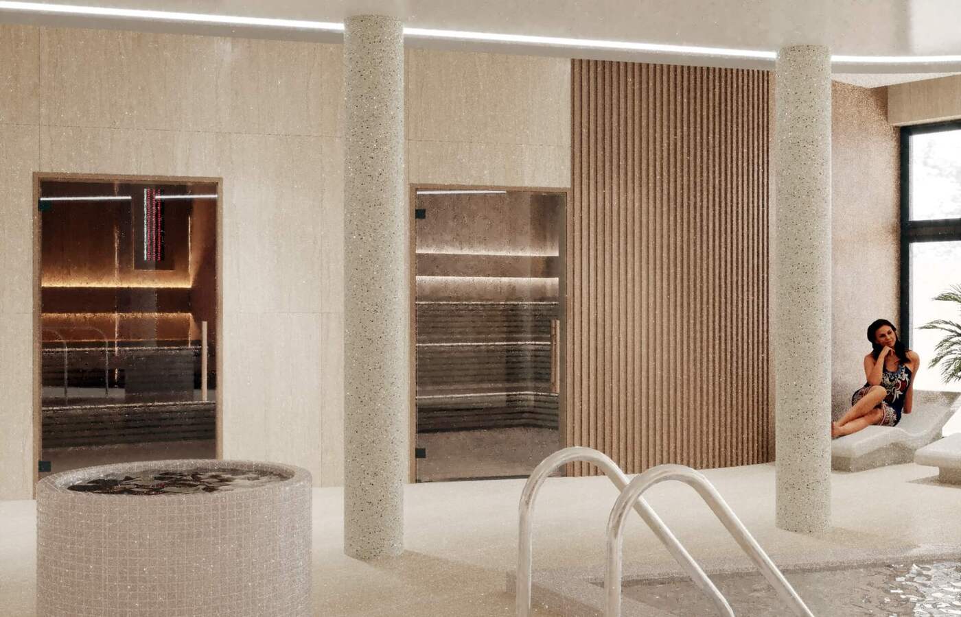 Wewnętrzne spa hotelowe z basenem i metalowymi poręczami, szklanymi saunami oraz gościem wypoczywającym na leżaku